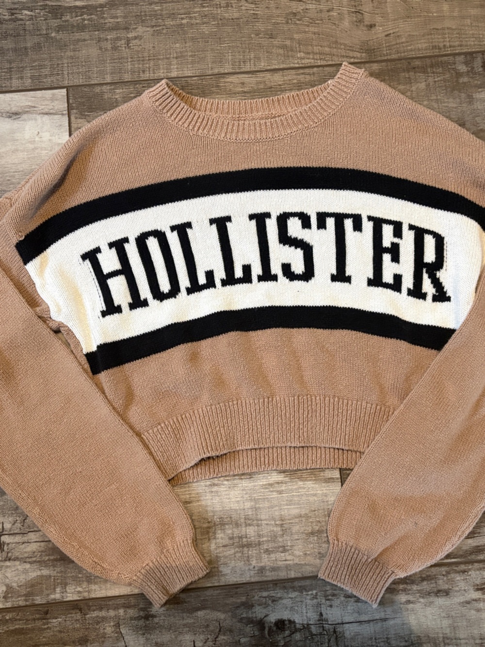 Hollister Tan Crewneck Sweater with Black & White Logo Panel